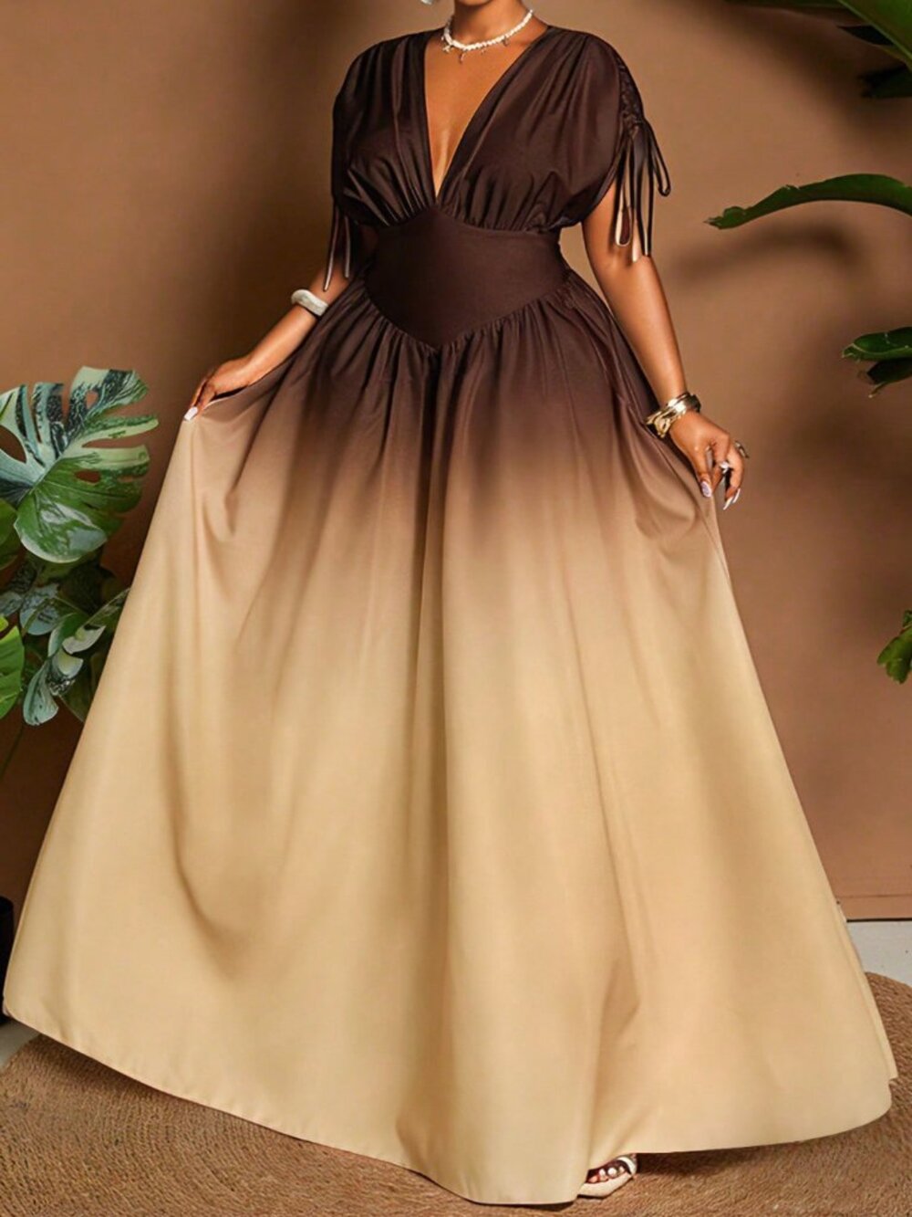 Multicolor Casual Women's Ombre Tie-Front Bowknot V-Neck A-Line Maxi Dress - Picture 6 of 7